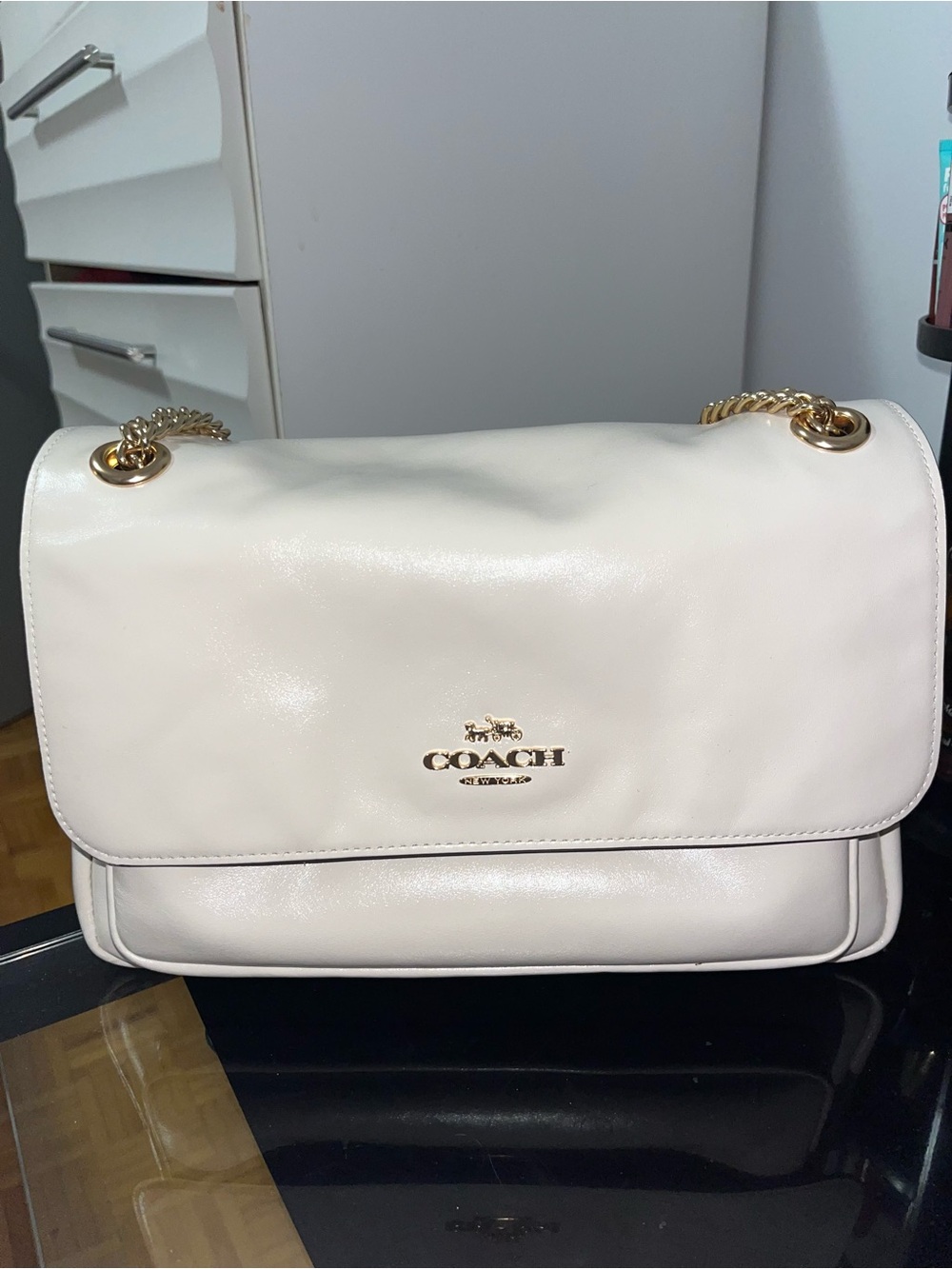 COACH Cream Leather Shoulder Bag with Gold Chain Accent